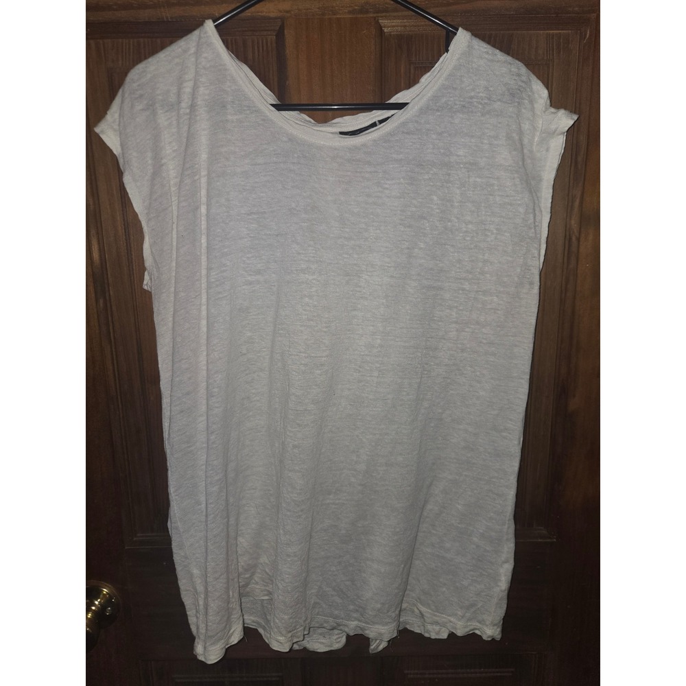 Tahari Womens Cream 100% Linen Button Back Cap Sleeve Scoop Neck Top Size Medium